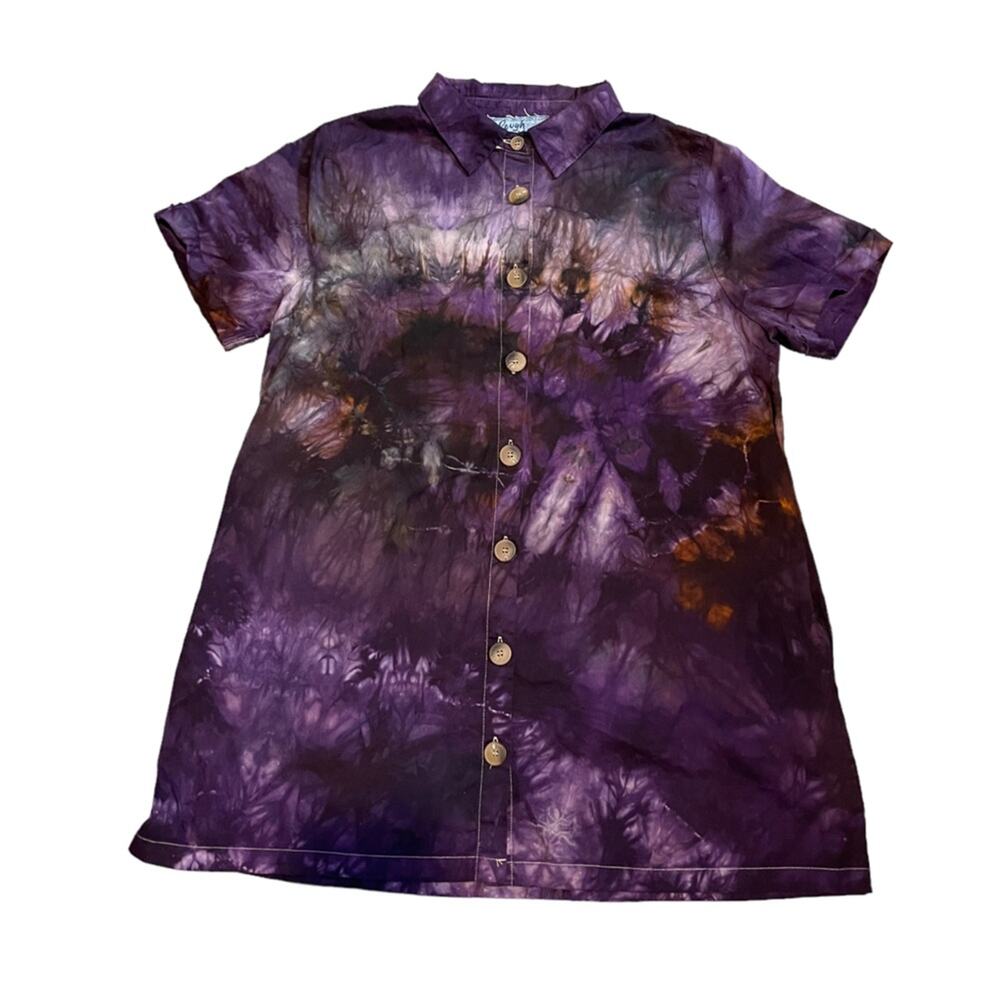 Rough Tumble Custom Purple Tie Dye Short Sleeve Button Up Shirt Size L